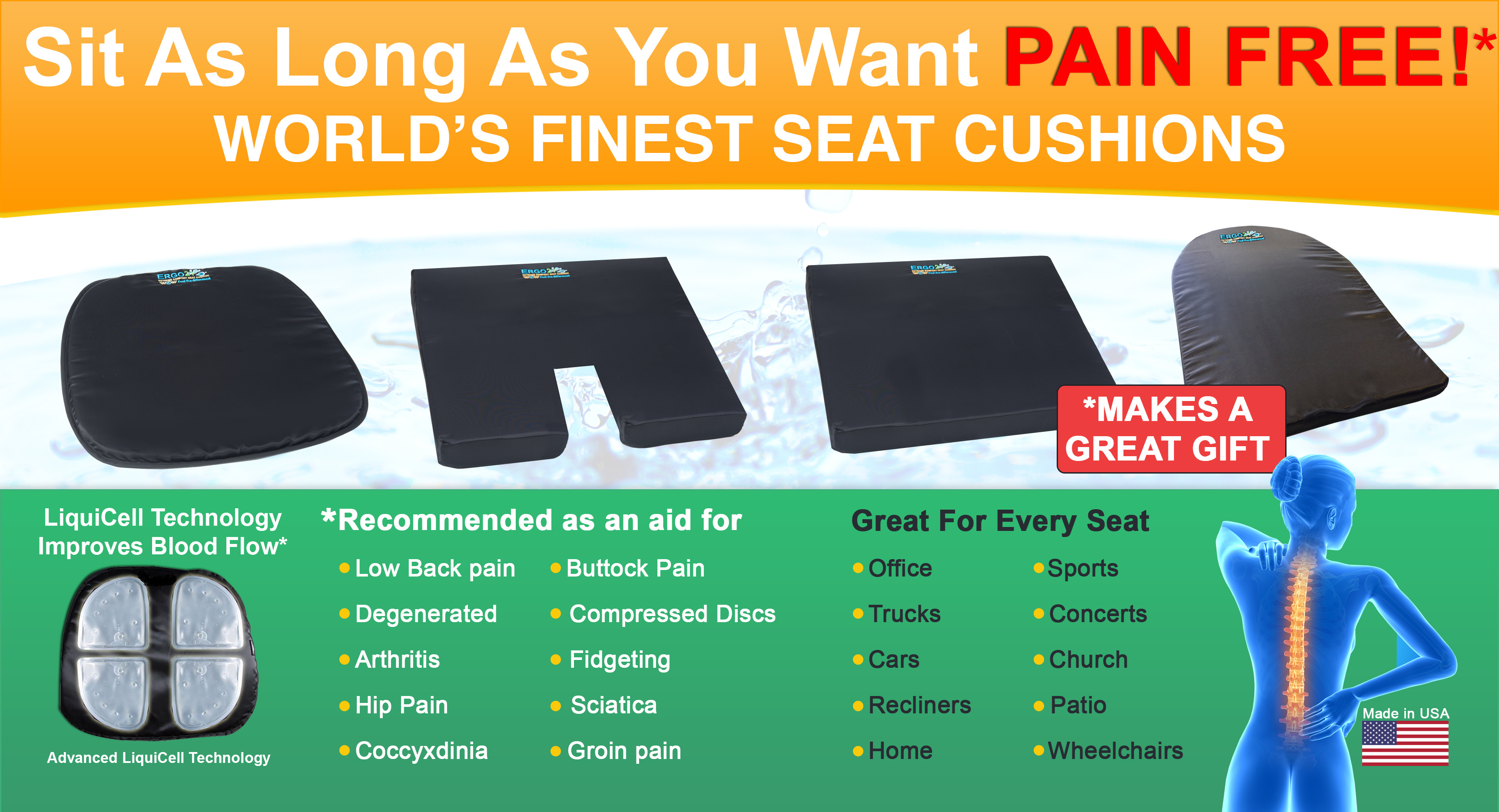 Seat Cushion for Desk Chair - Back Pain, Tailbone Relief, Coccyx, Butt, Hip  Support - Ergonomic Office Chair Sciatica Car Pillow