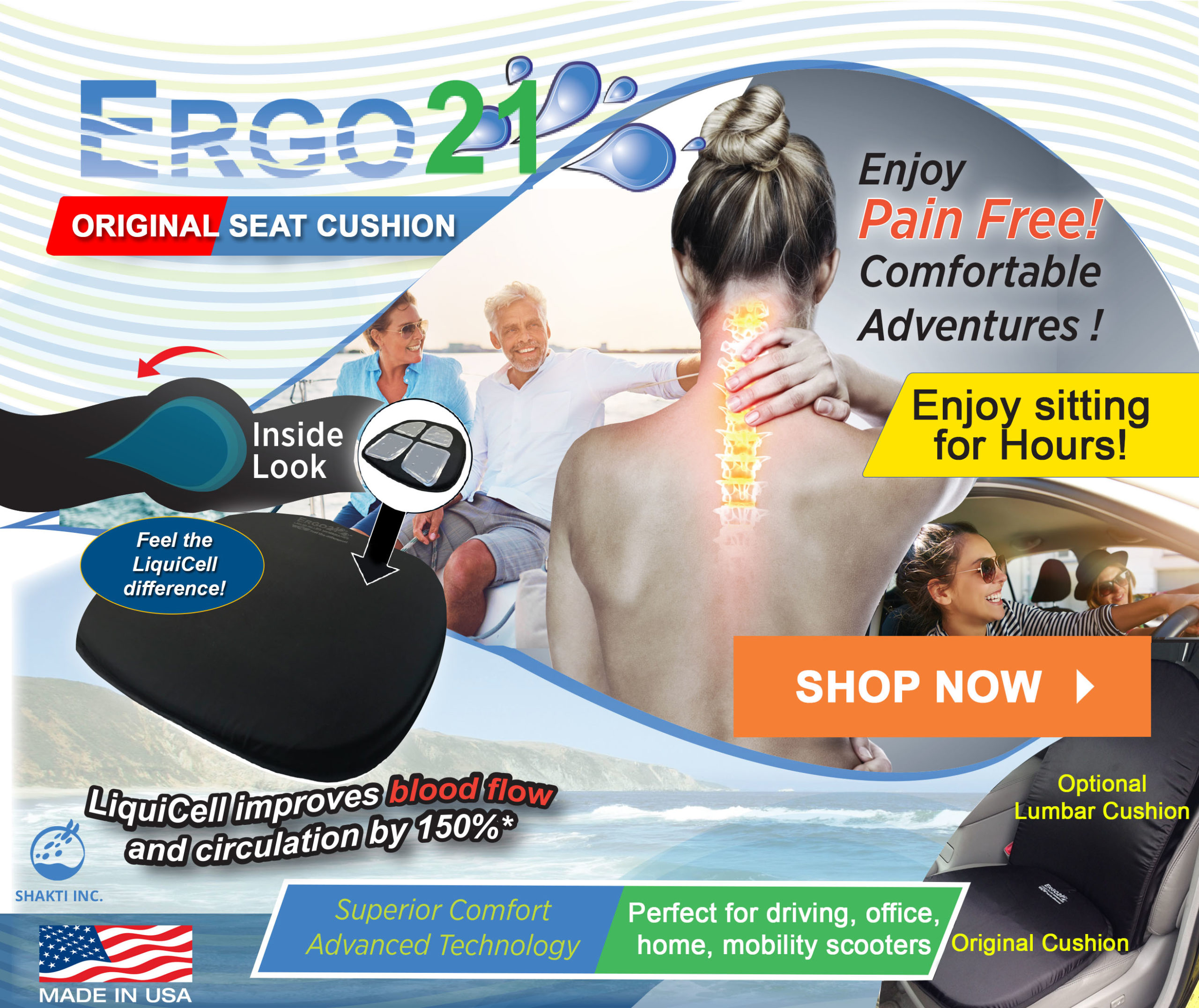 Best Seat Cushions Car, Office, Wheelchair - Voted Top 10 -  Choice -  Watch the Videos - LiquiCell - 150% Blood flow - Ergo21 - Ergo21