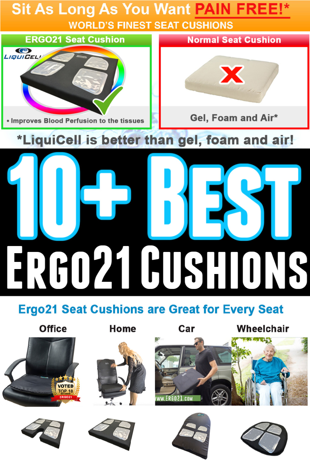 Excellent Gel Seat Cushions-LiquiCell Increases Blood Flow 150% - for  Office, Car, Wheelchairs - Ergo21
