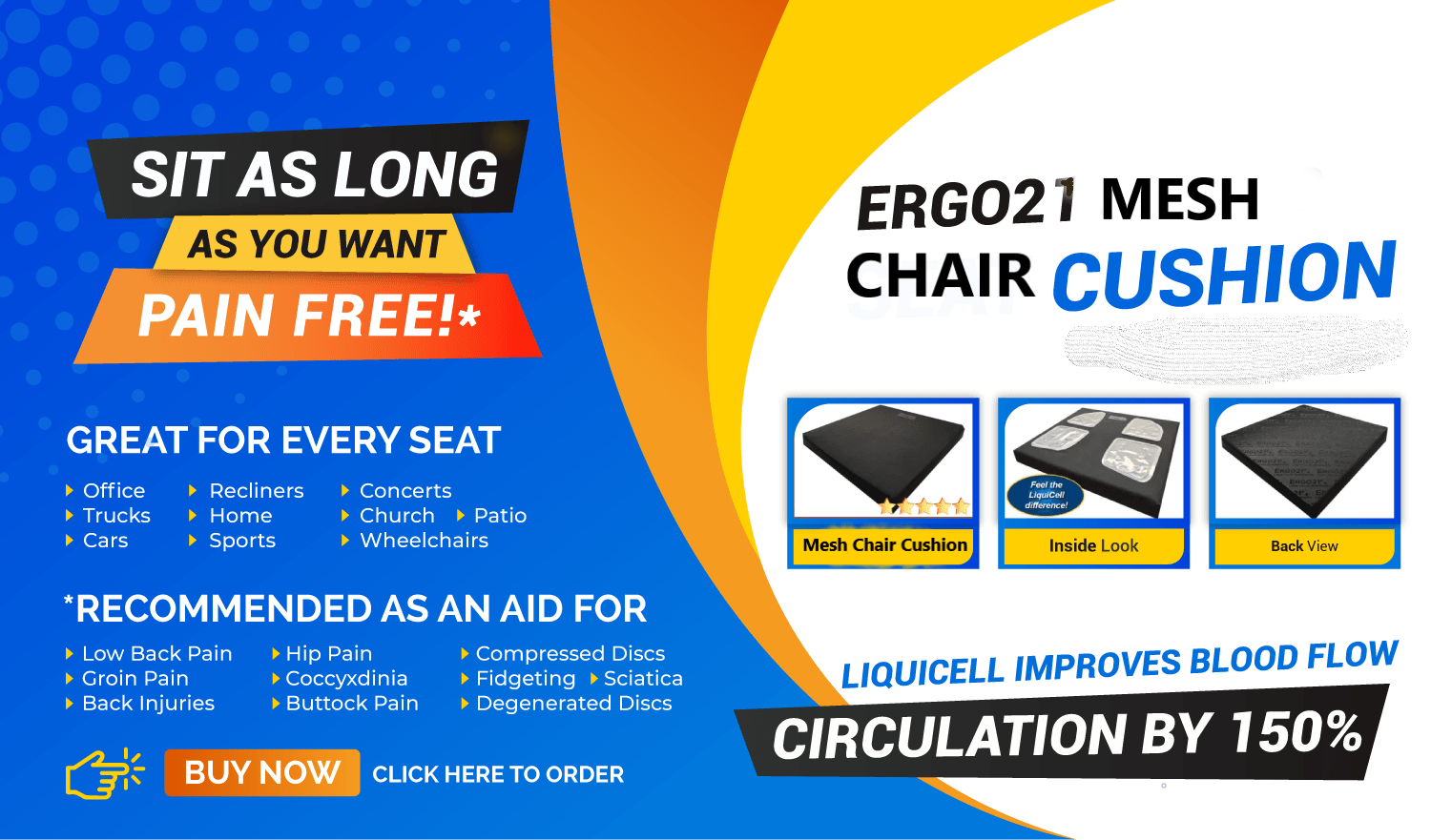 Excellent Gel Seat Cushions-LiquiCell Increases Blood Flow 150% - for  Office, Car, Wheelchairs - Ergo21